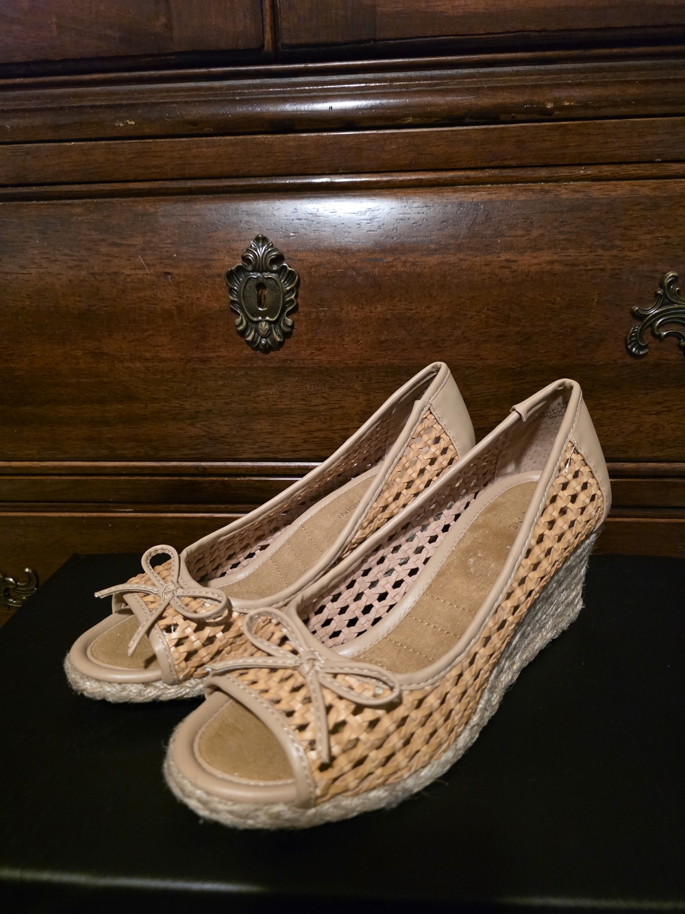 Adrienne Vittadini Beige Woven Peep-Toe Wedge Sandals